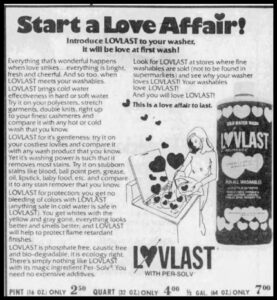 1975: A company ad describing the advantages of LOVLAST with suggested prices.